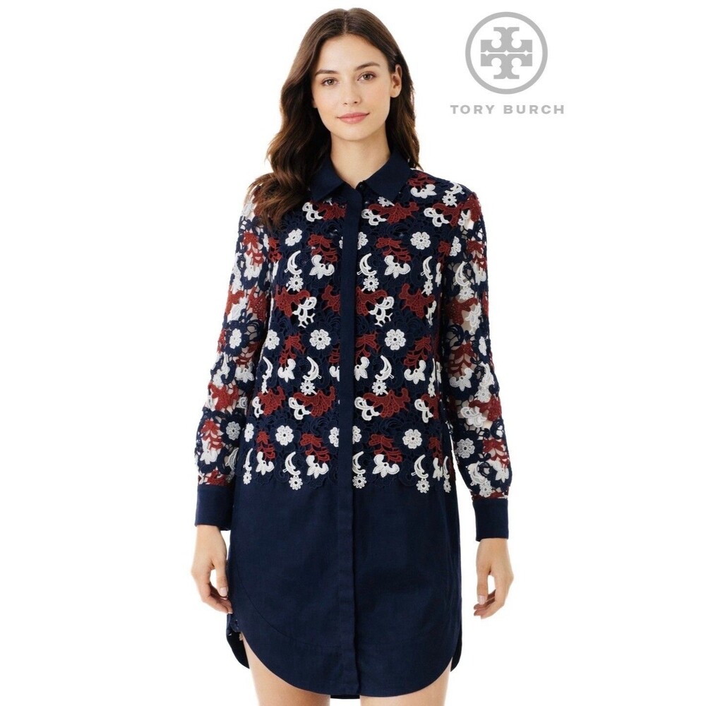 Tory Burch Womens 6 Shirt Dress Guipure Lace Floral Bittersweet Navy Elegant NEW